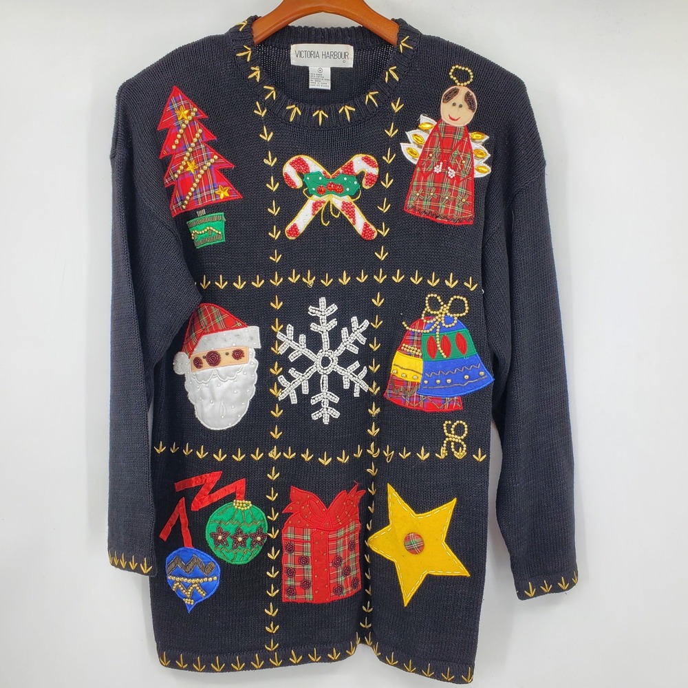 Victoria Harbour Vintage Christmas Sweater Beaded Santa Novelty Medium Kitschy